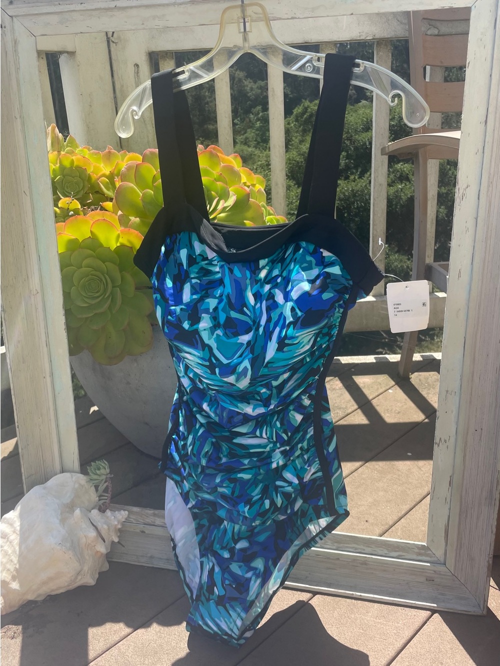 INC Tropical Blue Black Square Neck One-Piece Full Coverage Swimsuit 14 NWT